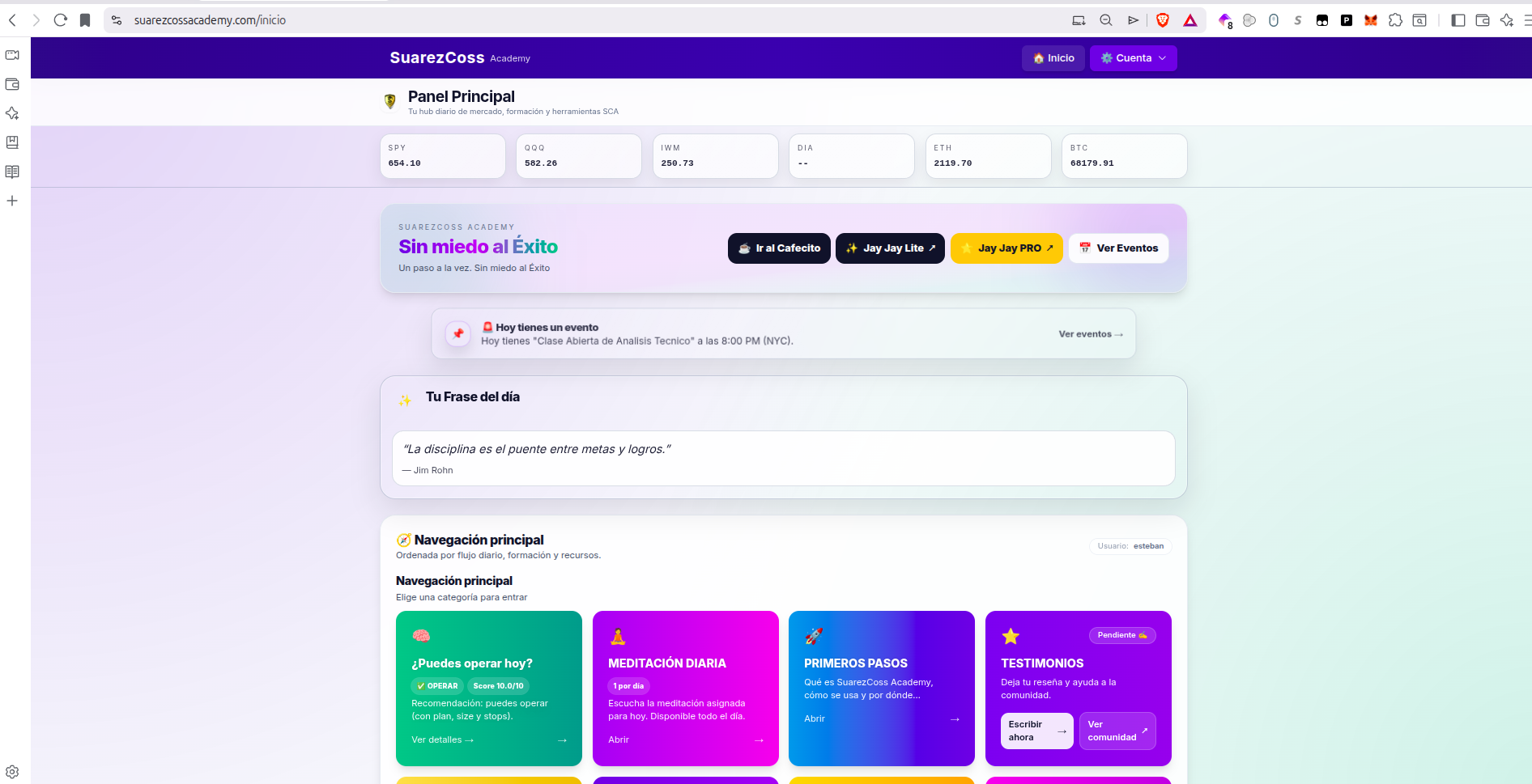 Vista principal de la plataforma SuarezCoss Academy