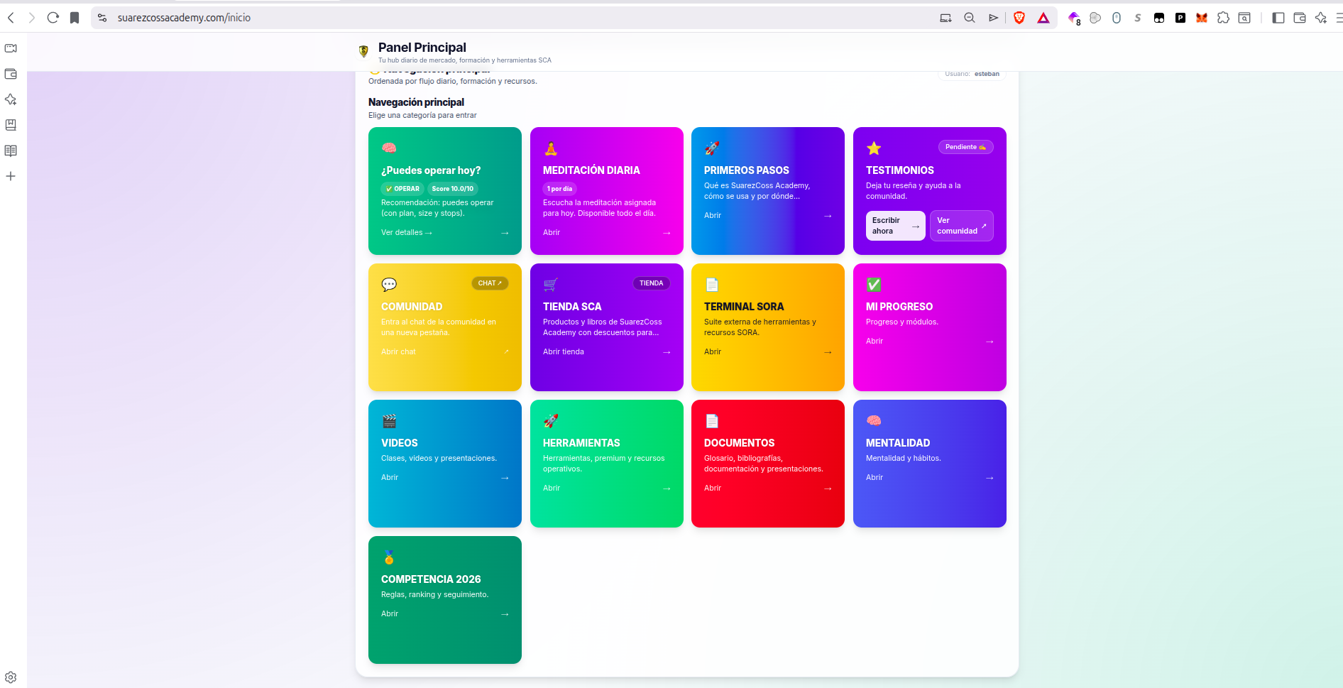Panel y herramientas dentro de SuarezCoss Academy